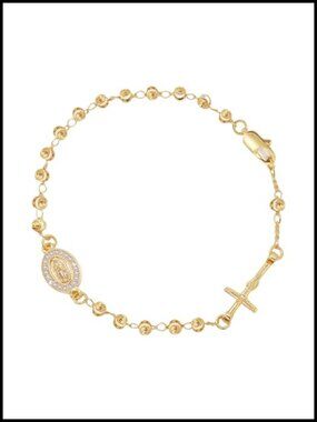 14K Gold Plated Rosary Cross Bracelet Catholic Virgin Mary Charm Dainty Jewelry